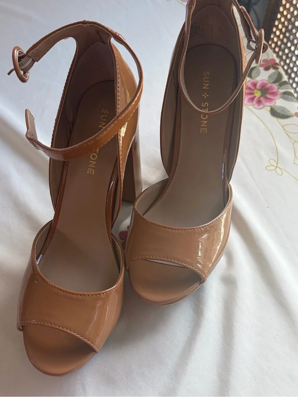 Sun + Stone Women's Caramel Patent Platform Block Heels